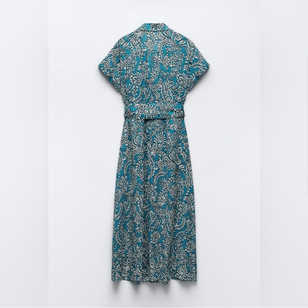 Zara NWOT Casual Blue A-Line Midi Dress with Notched Collar - Picture 2 of 3